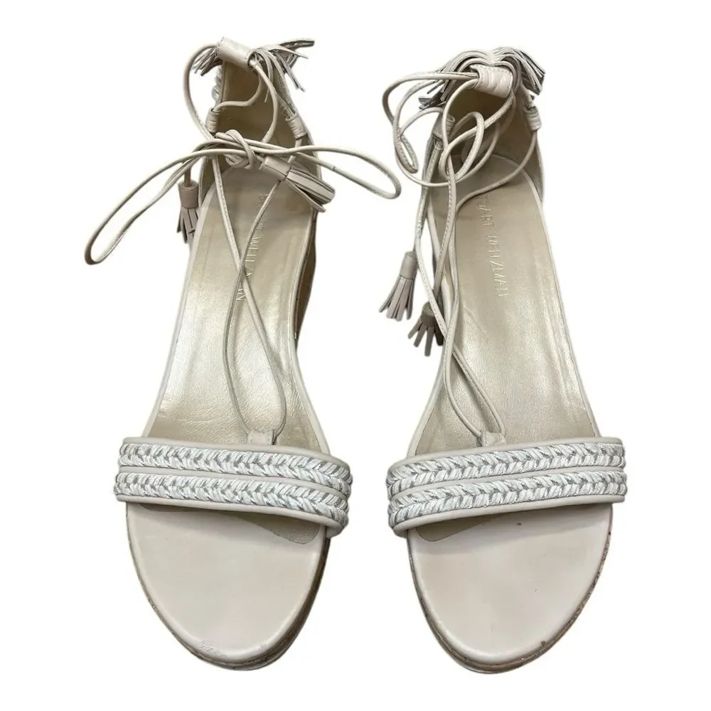 Stuart Weitzman Cream Wedge Sandals Lace Up Fringe Tassels Bohemian Sz 10 - Picture 2 of 10